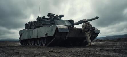 The soldier approaches the armored tank in a dramatic battlefield scene. photo