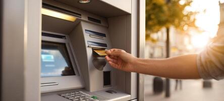 The ATM dispensing cash as a user interacts with the machine in a city setting. photo