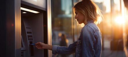 The woman using an ATM during a beautiful sunset in an urban setting. photo