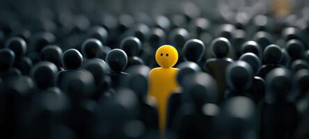 A yellow figure stands out from a crowd of black figures photo