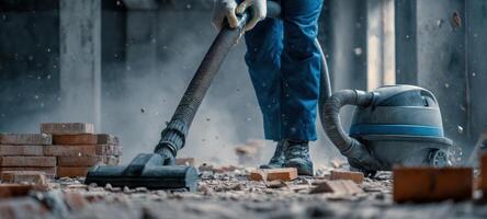 The worker using a vacuum cleaner to clean up construction debris. photo