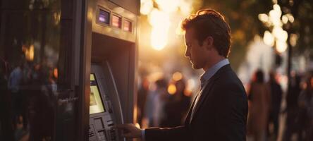 The man using an ATM during a picturesque sunset in the city. photo