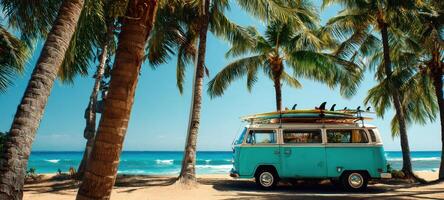 The vintage van parked on a sunlit beach under palm trees. photo