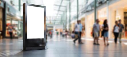The advertising display in a modern shopping mall environment with blurred people. photo