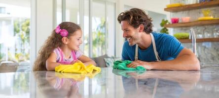 The joyful moment of a father and daughter cleaning together at home. photo