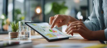 The interactive tablet displaying colorful graphs in a modern workspace. photo