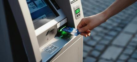 The hand inserting a card into an ATM for a convenient transaction. photo