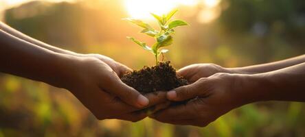 The hands nurturing a young plant symbolize unity and environmental care. photo