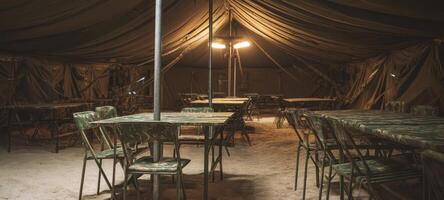 The military dining tent with organized seating and ambient lighting features. photo
