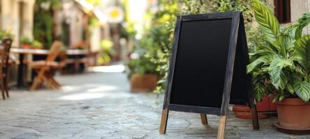 The charming sidewalk chalkboard inviting customers to a cozy cafe. photo