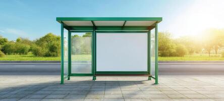 The bus stop shelter in a serene urban setting bathed in sunlight. photo