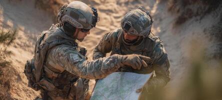 The soldiers examining a detailed map for tactical navigation in the field. photo