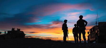 The silhouette of soldiers standing against a vibrant sunset sky. photo