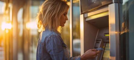 The woman using an ATM while basking in the warm sunset glow. photo
