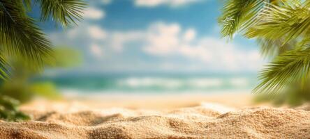 The serene beach view framed by lush tropical greenery and soft sands. photo