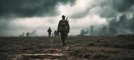 The soldier marching through a dramatic battlefield under stormy skies. photo