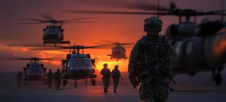 The Soldiers and Helicopters Prepare for a Critical Military Operation at Sunset. photo
