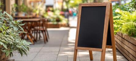 The wooden chalkboard sign in a charming outdoor cafe setting. photo