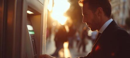 The businessman using an ATM at sunset in an urban environment. photo