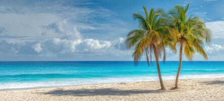 The tranquil beach scene featuring two vibrant palm trees by the ocean. photo