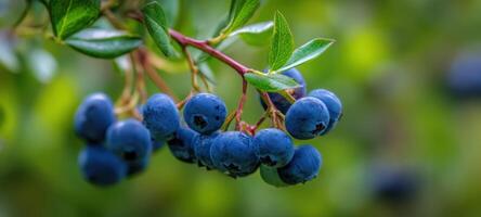 The blueberries hanging from a lush green branch in nature's garden. photo