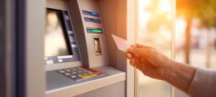 The ATM machine being used for a card transaction in a bright, modern setting. photo