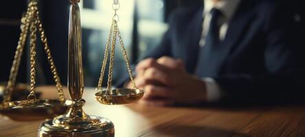 The balanced scales of justice with a lawyer contemplating legal matters. photo