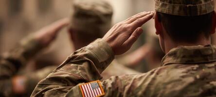 The soldiers saluting in formation during a ceremonial event with patriotic pride. photo