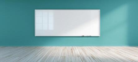 The bright whiteboard on a turquoise wall in a modern classroom setting. photo