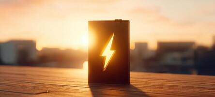 The battery silhouette illuminated by the glowing sunset in an urban setting. photo