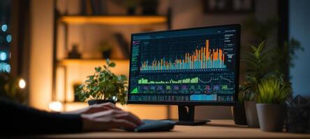 The workspace showcasing a computer monitor displaying vibrant financial data and analytics. photo