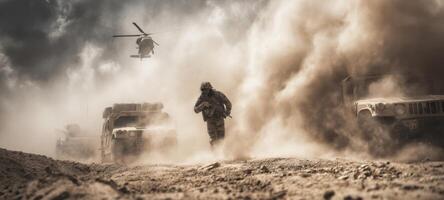 The soldier running through dust with military vehicles and helicopter above. photo