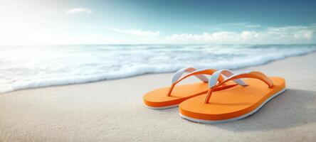 The vibrant orange flip-flops resting on the sandy beach near the ocean. photo