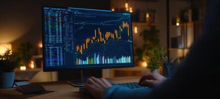 The modern workspace featuring data analysis on a financial trading monitor. photo