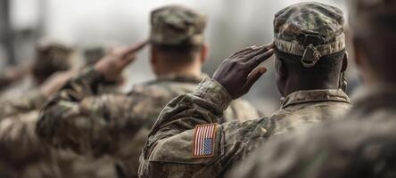 The soldiers saluting in formation with respect for their service and country. photo