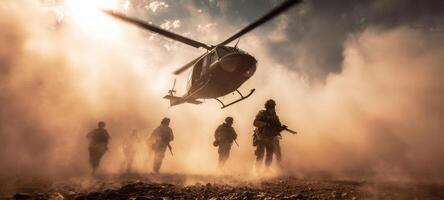 The soldiers advancing as a helicopter flies overhead in a dramatic scene. photo