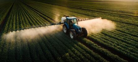 The tractor spraying pesticide across lush green farmland at sunset. photo