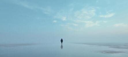 The solitary figure walking on a serene and foggy landscape. photo