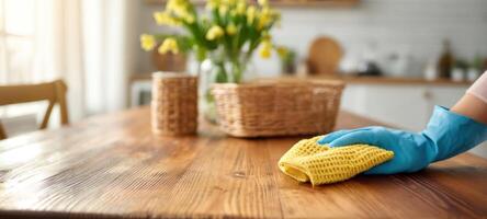 The person cleaning a wooden table with a yellow cloth in a bright kitchen. photo