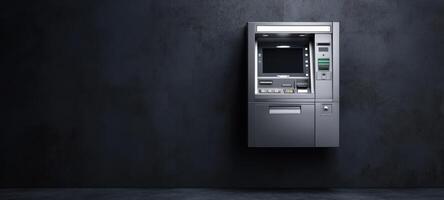 The ATM machine elegantly positioned against a dark textured wall. photo