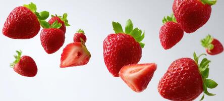The vibrant strawberries floating in mid-air with fresh green leaves. photo