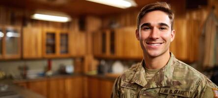 The smiling soldier in a military kitchen showcasing camaraderie and service. photo