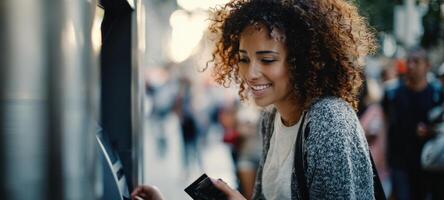 The woman smiling while using an ATM in an urban setting. photo