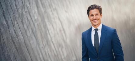 The confident businessman smiling in a modern urban setting. photo