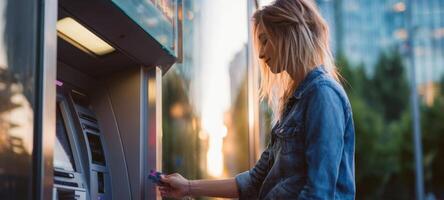 The woman using an ATM in an urban setting during sunset. photo