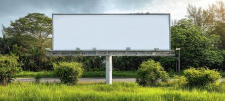 The empty billboard standing in a lush green landscape under a cloudy sky. photo