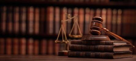 The gavel and scales of justice on stacked legal books in a library setting. photo