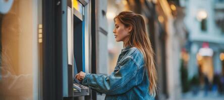 The woman using an ATM in a bustling urban environment during the evening. photo