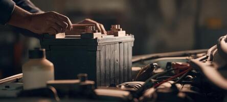 The mechanic installing a car battery in a garage environment. photo