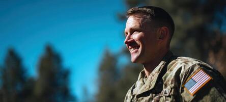 The smiling soldier showcasing pride and confidence in an outdoor setting. photo